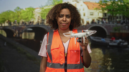 Young woman technician holding drone in hand on street in amsterdam canal, wearing orange safety vest while examining quadcopter; frustration.