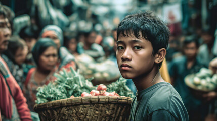 Young Indonesian man carrying a basket of vegetables through a busy local market, showing hard work, determination and daily livelihood concept