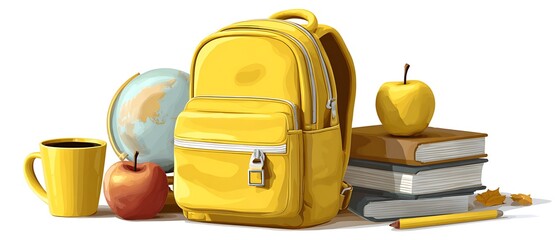 Creative World Teachers Day yellow backpack stacked books apple coffee globe white
