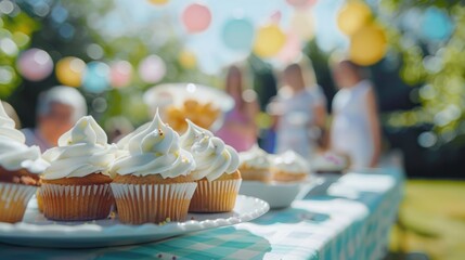 A vibrant outdoor birthday party scene featuring delicious cupcakes in focus, with guests enjoying the festivities in the background