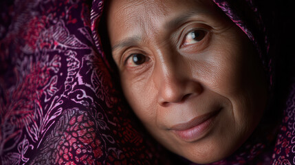 Close-up portrait of Indonesian woman in patterned fabric, showing tenderness and emotion, feminine beauty and traditional identity concept