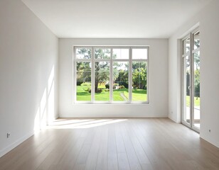 Fototapeta premium Bright, empty room with large windows showing a garden view. Light wood flooring