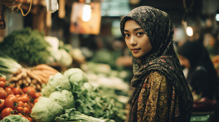 Young Indonesian woman in hijab standing among vegetables at local market, representing modesty, culture and traditional lifestyle concept