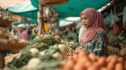 Indonesian woman in hijab selecting vegetables at local market, surrounded by fresh produce and colors, traditional culture and daily life concept