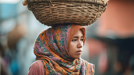 Indonesian woman carrying basket on head, walking through market, symbolizing strength, balance and traditional daily life concept