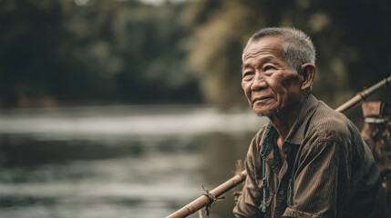 Portrait of elderly Indonesian fisherman near river, smiling gently, symbolizing wisdom, peace and connection to traditional lifestyle concept