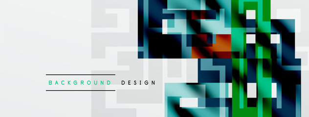 Abstract geometric pattern. Blue, green hues blend with gray squares. Modern design element for backgrounds, banners, presentations.