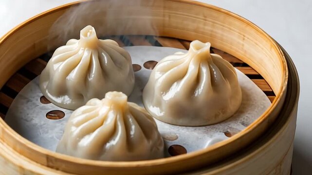 Steamed dumplings in a bamboo steamer. The dumplings are round, with pleated tops and a light beige color. They are placed on parchment paper inside the steamer.