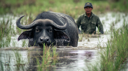 Indonesian farmer guiding buffalo through river, symbolizing harmony with nature, patience and traditional agricultural life concept