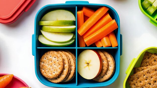 A colorful lunchbox filled with healthy snacks. It contains sliced green apples, carrot sticks, crackers, and celery sticks. Fresh fruits and vegetables are visible.