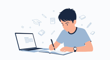 Online Education and Academic Pursuit Depicted Through Digital Illustration and Hard Work