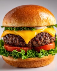 Close up of a delicious cheeseburger with melted cheddar cheese