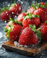 Fresh strawberries with water drops on a wooden board