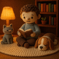 Content crochet doll boy reading book on cozy carpet at night with pet cat and dog beside warm, glowing lamp