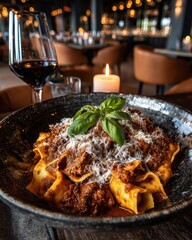 A gourmet pasta dish with rich bolognese sauce and wine