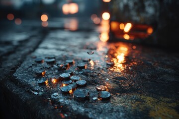 Grungy oil stained concrete floor with scattered metal pieces