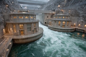 Massive Hydroelectric Dam Generating Power on a Turbulent River