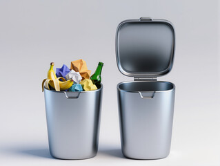 Conceptual comparison of full trash can with garbage and waste, beside clean, empty bin for before and after concept