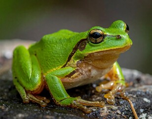 Fototapeta premium Bright green frog sits calmly on a dark gray rock, out of focus background