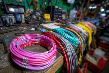 Close up of colorful electrical wires and wiring harness