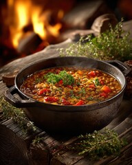 A hearty lentil stew simmering in a cast iron pot on a wooden table