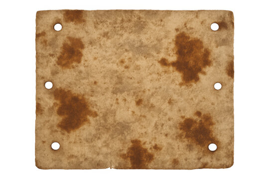Aged parchment paper texture with distressed stains and punched holes, old vintage antique grunge background element