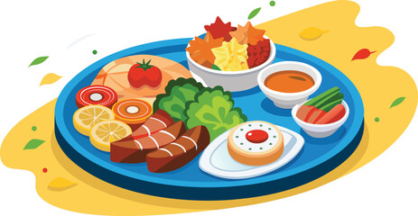 Realistic world platter showing popular dishes from Europe, Asia, and America.
