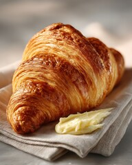 Perfectly golden brown croissant with butter on a linen napkin