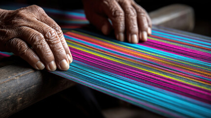 Close-up of Laotian artisan weaving colorful fabric, showing detail of hands and threads, representing precision, patience and tradition concept
