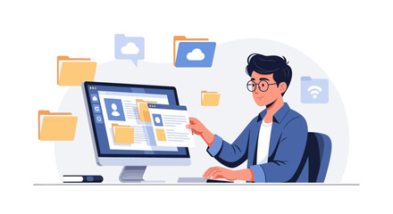 Online Data Management and Cloud Storage System Depicted With Modern Business Man
