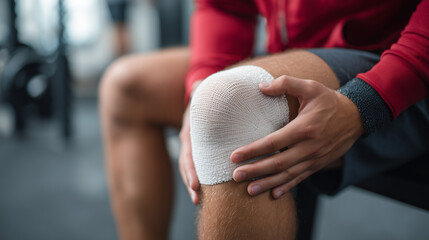 Injured athlete at gym applying bandage to knee after workout Generative AI