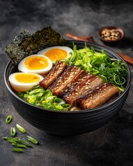 A delicious bowl of ramen with tender pork belly and eggs