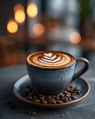 Steaming cup of latte coffee with artistic foam design