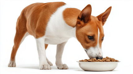 Basenji dog eating from a bowl of dry food indoors during daylight hours, showcasing a healthy and active lifestyle Generative AI