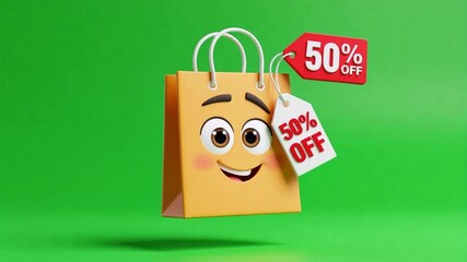 Excited shopping bag character on green screen shows 50 percent off deals for retail promotions during peak sale season with animated expression - Powered by Adobe