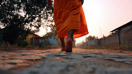 Young Lao monk walking barefoot on village path at dawn, symbolizing humility, peace and devotion to traditional spiritual life concept