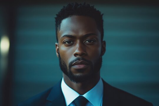 Handsome young Black man in a tailored suit poses confidently against a modern urban backdrop during the late afternoon hours showcasing elegance and style
