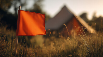 Orange flag marks campsite near tent in sunny field during golden hour Generative AI