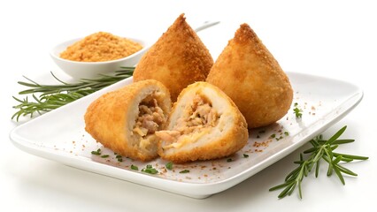 Traditional Brazilian coxinha snack isolated on white background, crispy fried street food filled with chicken, perfect for menu design.