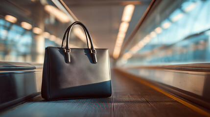 Black handbag placed on an airport escalator at sunset reflecting a modern travel atmosphere Generative AI