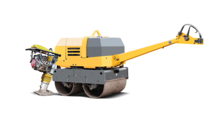 This compact roller and hand-held rammer are shown separately and are suitable for rental use in construction projects. Soil compaction equipment for construction projects.