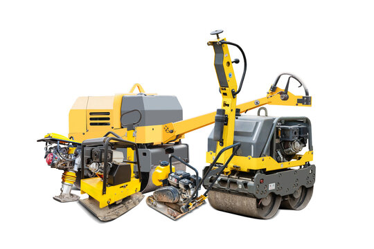 Rent heavy machinery like an asphalt roller and vibratory plate compactor for construction projects. Ideal for effective roadwork and surface preparation tasks.