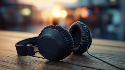Headphones resting on a wooden table with a soft sunset glow in the background during evening hours Generative AI