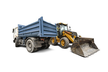 Fototapeta premium A large truck and a backhoe loader on an isolated background, ready for rental and use in urban projects.