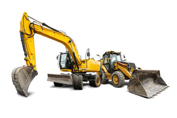 A yellow excavator and loader are parked against an isolated background, preparing for construction work. The machines are equipped with various earthmoving attachments.