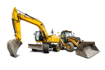 A yellow excavator and loader are parked against an isolated background, preparing for construction work. The machines are equipped with various earthmoving attachments.