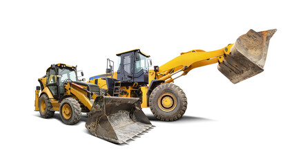 A loader and a general-purpose excavator against an isolated background, demonstrating their capabilities for excavation, demolition, and landscaping in remote locations.