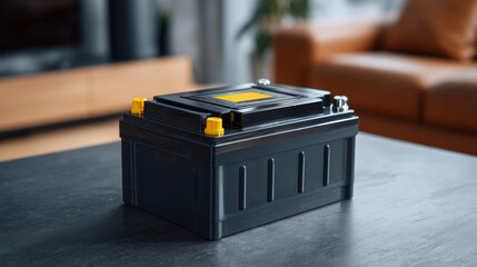 Black battery resting on a table in a bright room with soft lighting and modern furniture Generative AI