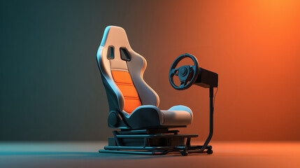 Racing simulator seat and steering wheel set up for gaming display in stylish lighting Generative AI