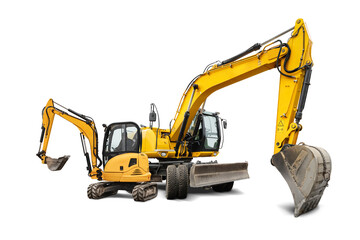 Two types of heavy equipment are available for rent: a large excavator and a mini excavator, suitable for construction and excavation work. Isolated background.
